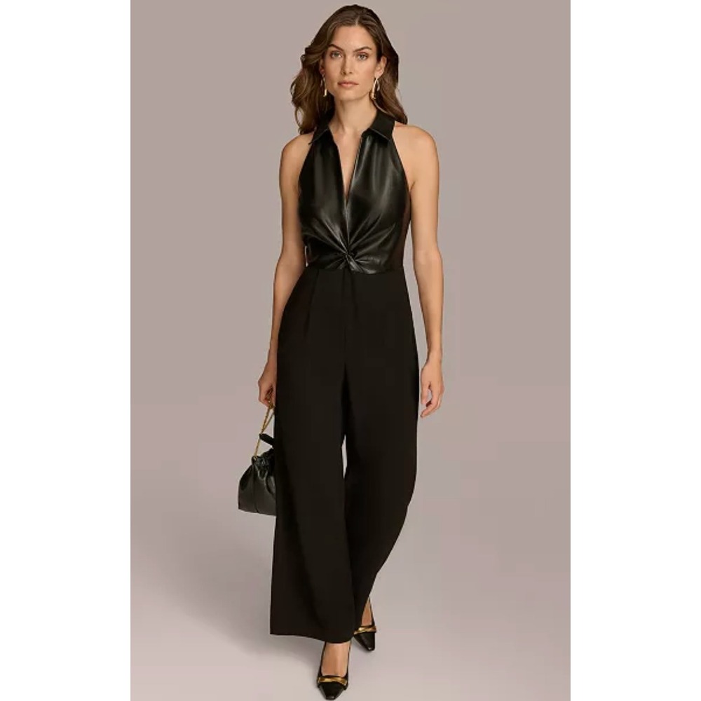 Donna Karan New York Womens Faux Leather Wide Leg Jumpsuit Black Size 10 Classic - Picture 3 of 13
